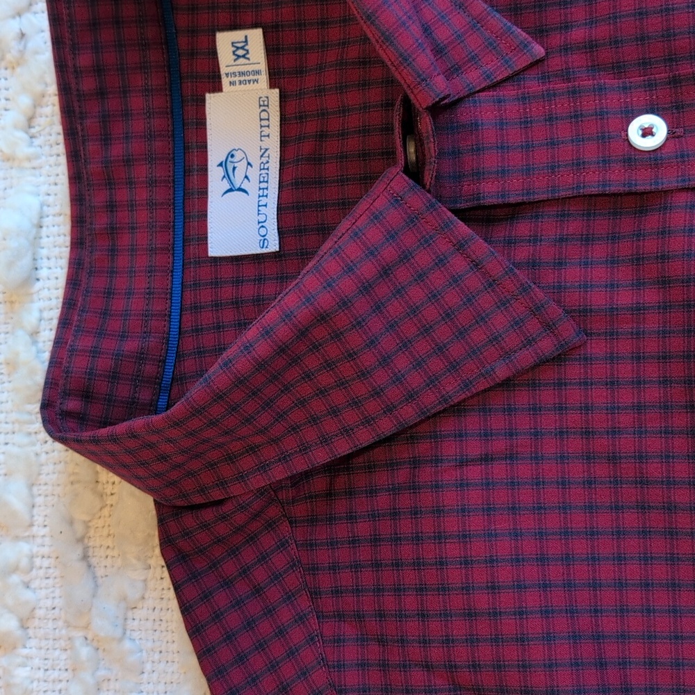 Southern Tide XXL Men's Burgundy Blue Small Checkered Shirt Stretch Button Up